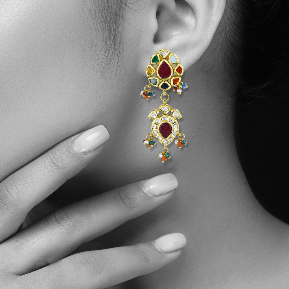 Navratna Earrings with Polki Diamonds and colourful Beads